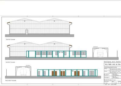Fahrzeughalle und Bürocontainer