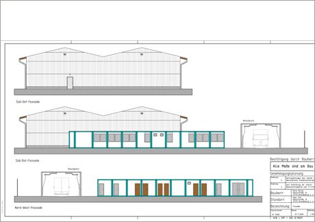 Fahrzeughalle und Bürocontainer
